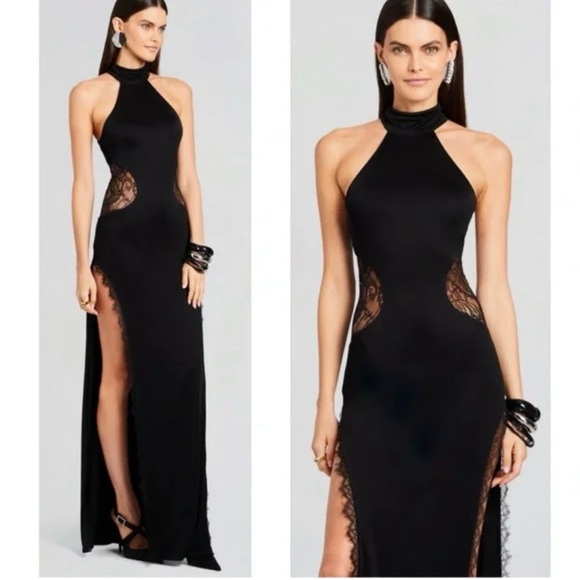 Retrofete Rosemary Sheer Lace Cutout Halterneck High Slit Black Maxi Dress Large - Picture 1 of 10